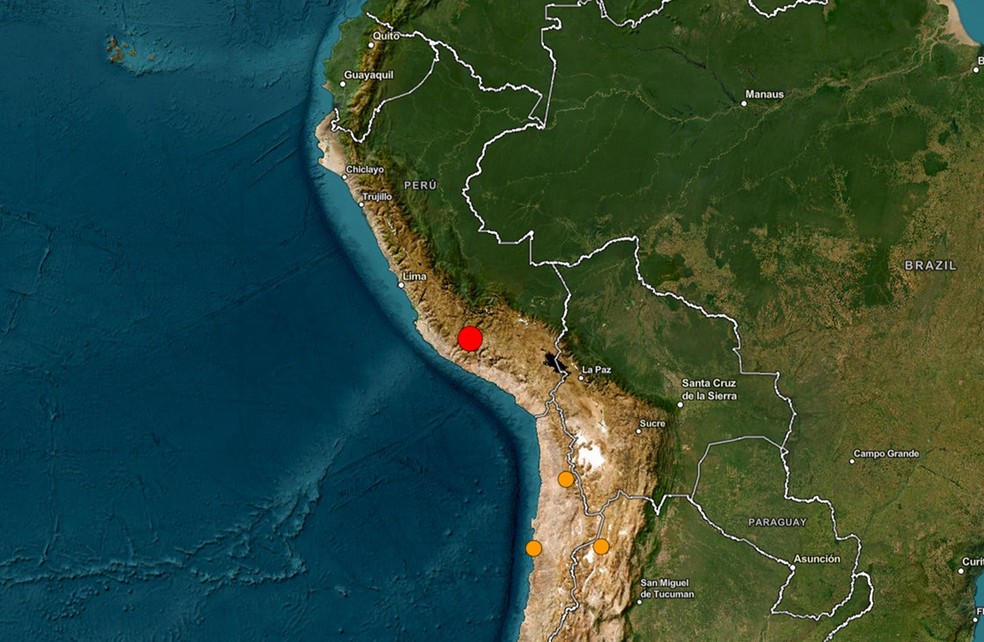 Ponto vermelho indica onde tremor foi registrado no Peru — Foto: USGS/Reprodução