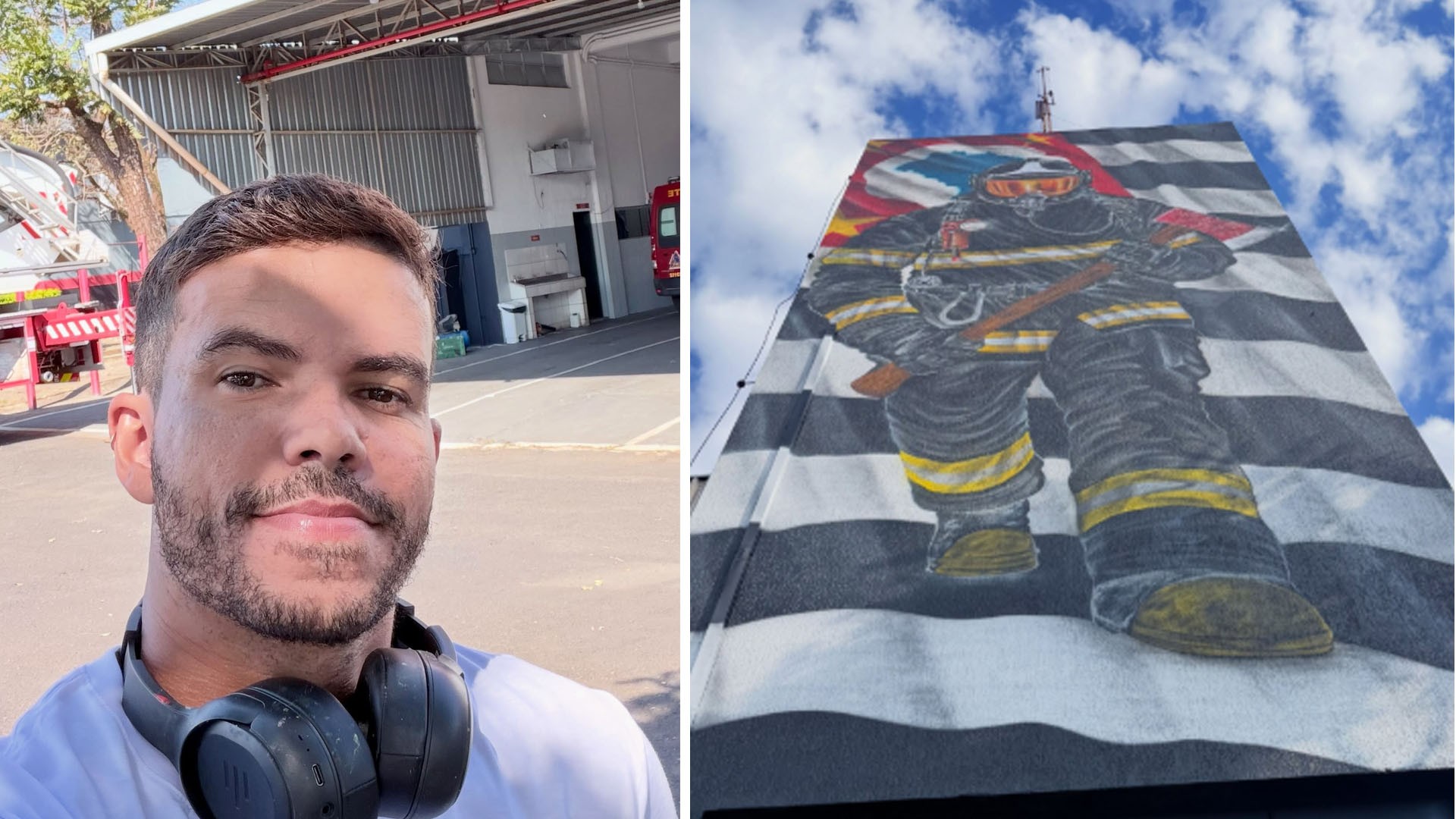 Do papel às paredes dos quartéis: muralista transforma bombeiro em pintura de 12 metros no interior de SP