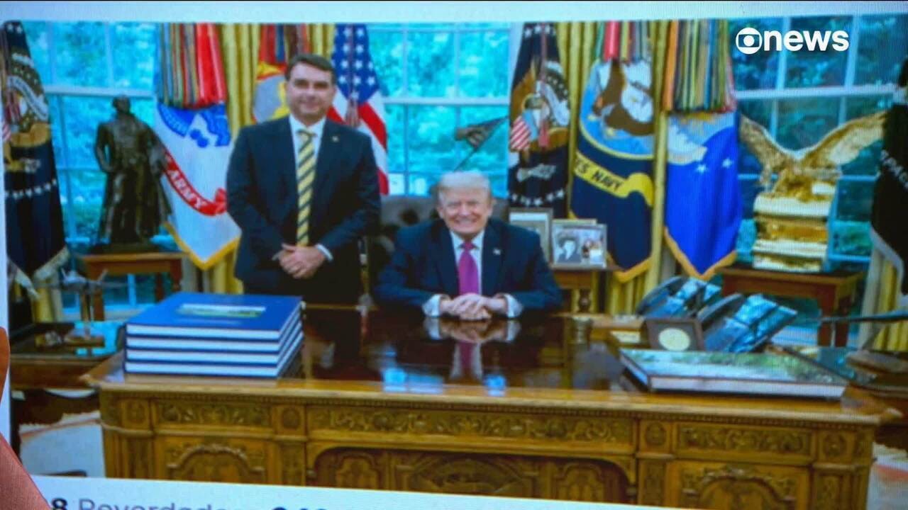Trump posta foto com Flávio Bolsonaro horas após proposta de tarifaço