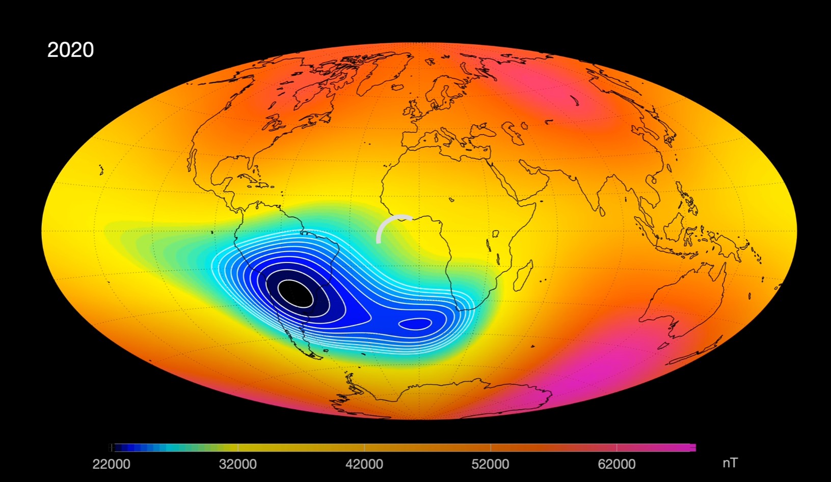 Estudo desvenda como surgiu a anomalia magnética que coloca em risco satélites sobre o Atlântico Sul