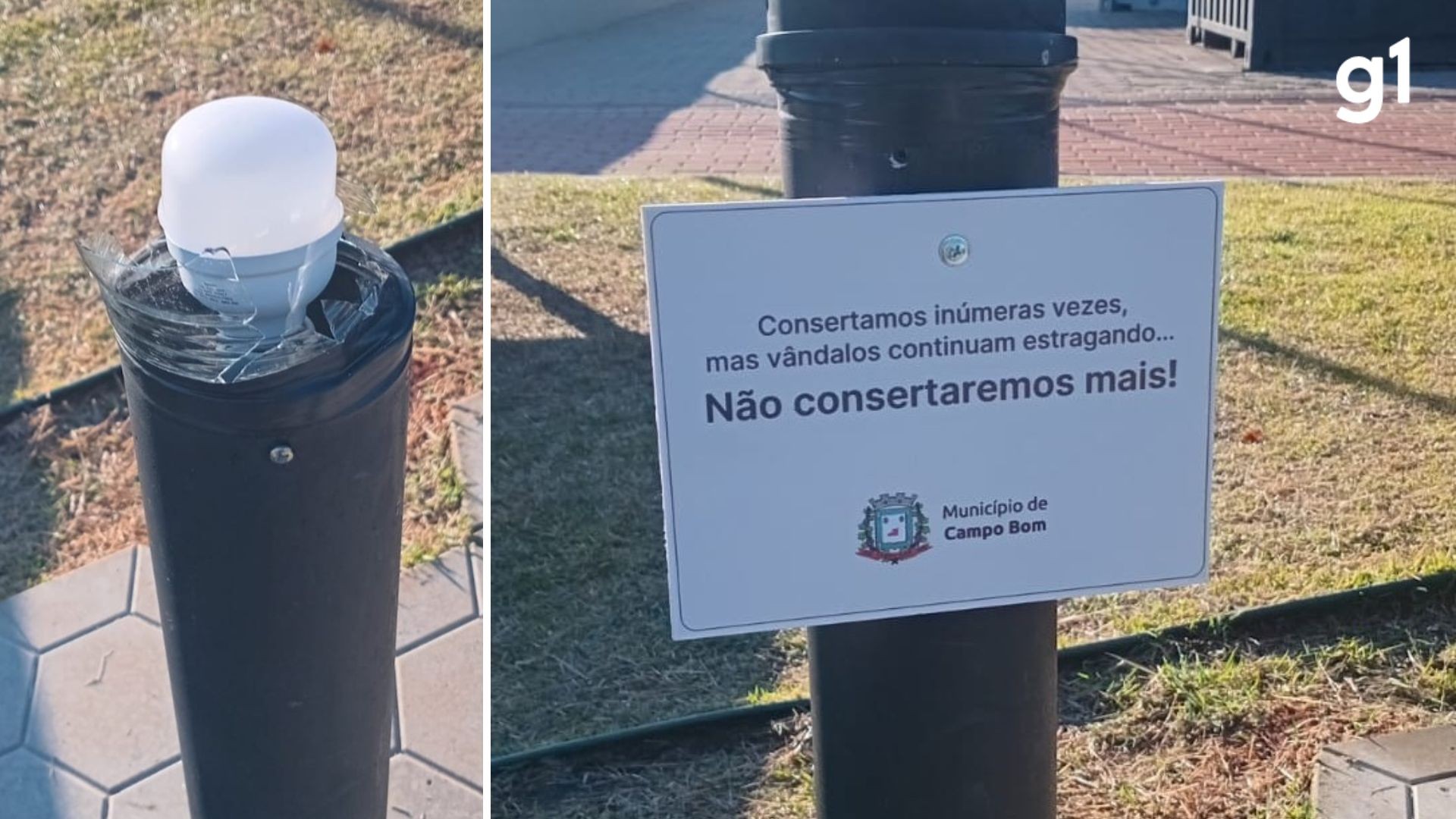 'Não consertaremos mais': prefeitura de município no RS instala placas após destruição de mais de 50 luminárias