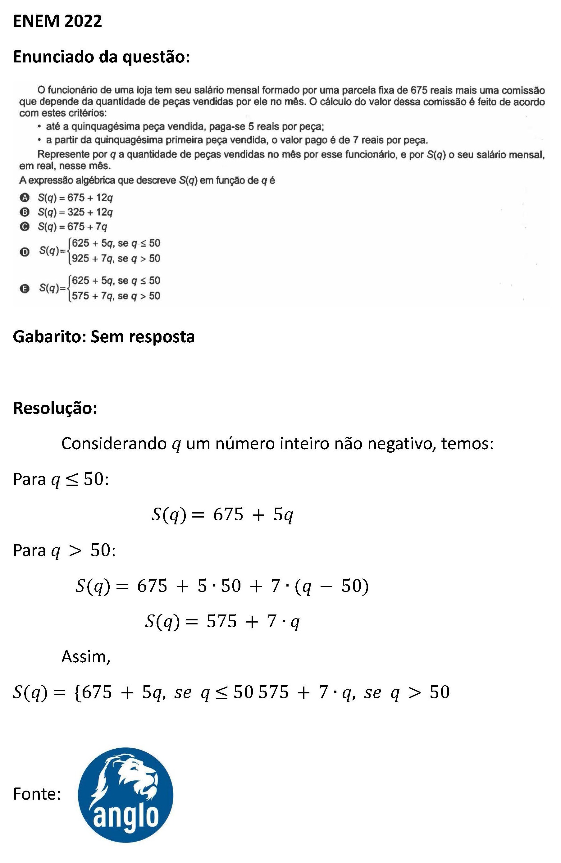 Questão do Enem 2022 de matemática sobre salário e comissão não tem ...