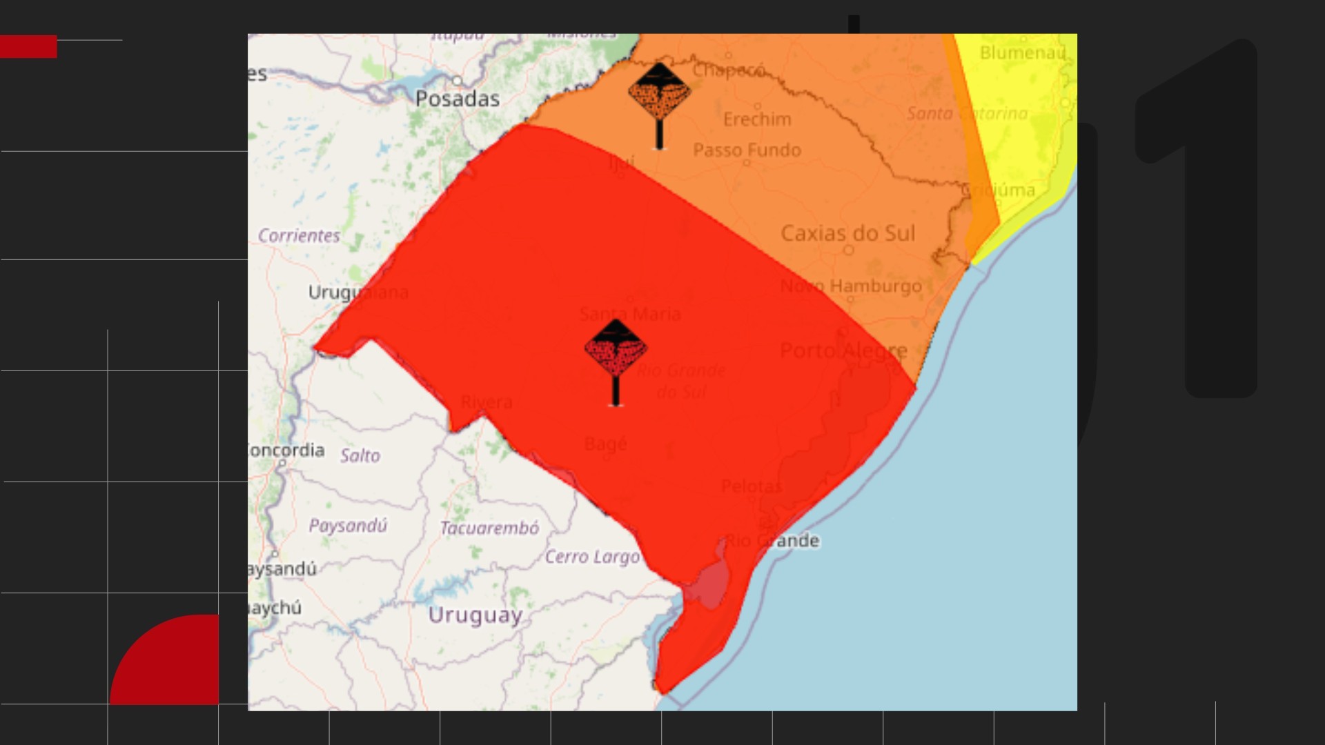 Inmet emite alerta vermelho para tempestades e Defesa Civil monitora formação de tornado no RS; confira