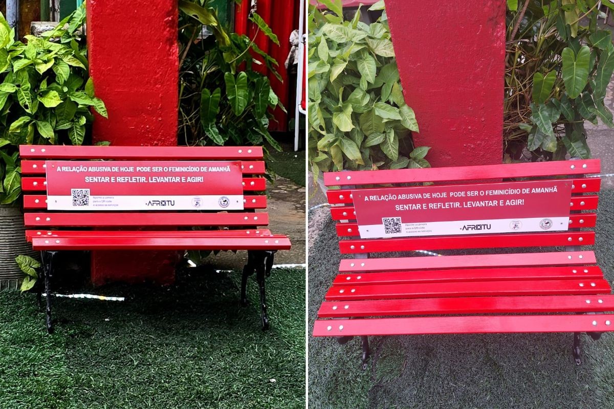 Banco Vermelho é instalado em Santos para conscientização sobre violência contra a mulher