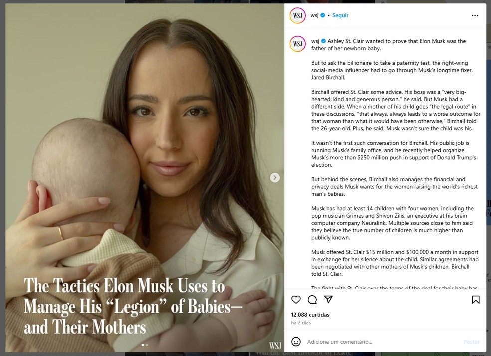 Influencer Ashley St. Clair, que tenta provar que Elon Musk é o pai de seu filho, contou ao Wall Street Journal detalhes de acordo que o bilionário tentou fazer com ela em troca de silêncio — Foto: Instagram/wsj