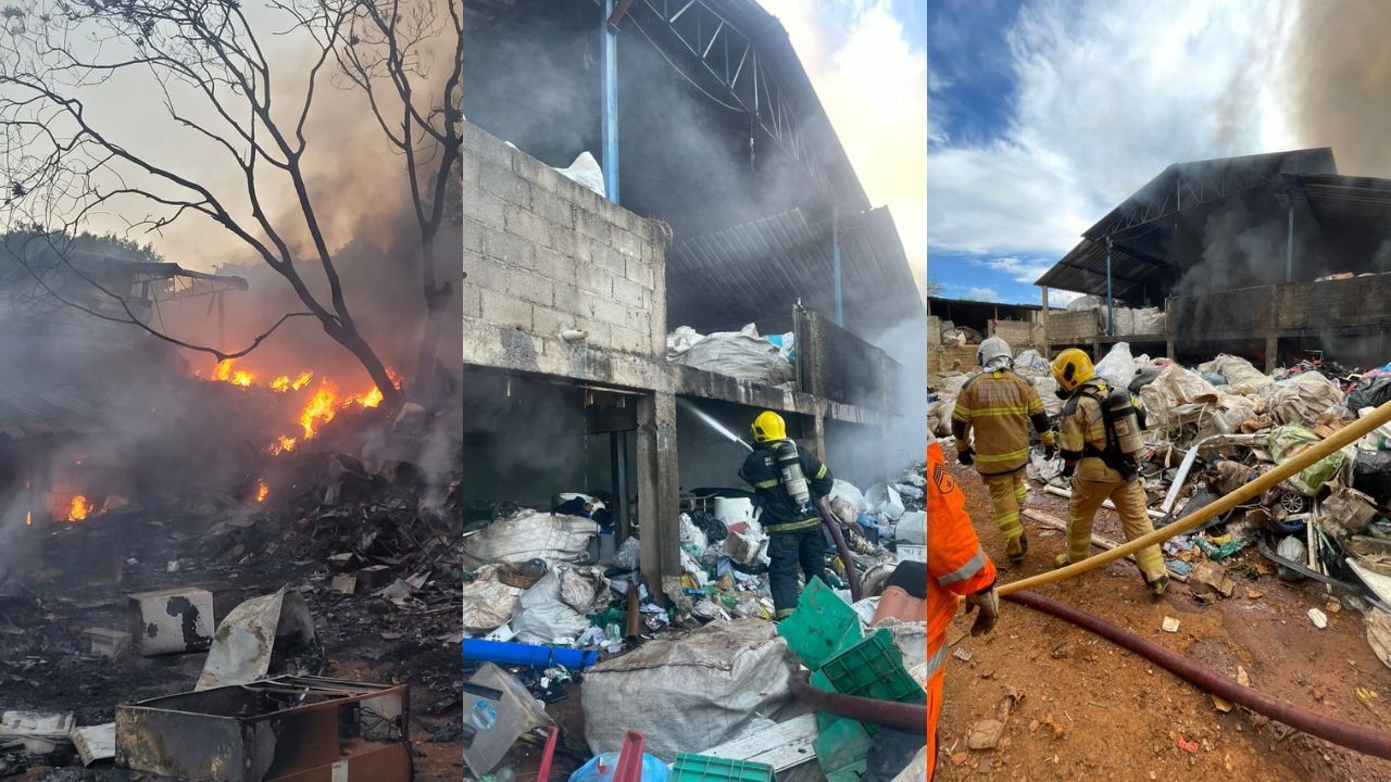 Incêndio em usina de reciclagem mobiliza bombeiros por mais de 11 horas em Oliveira