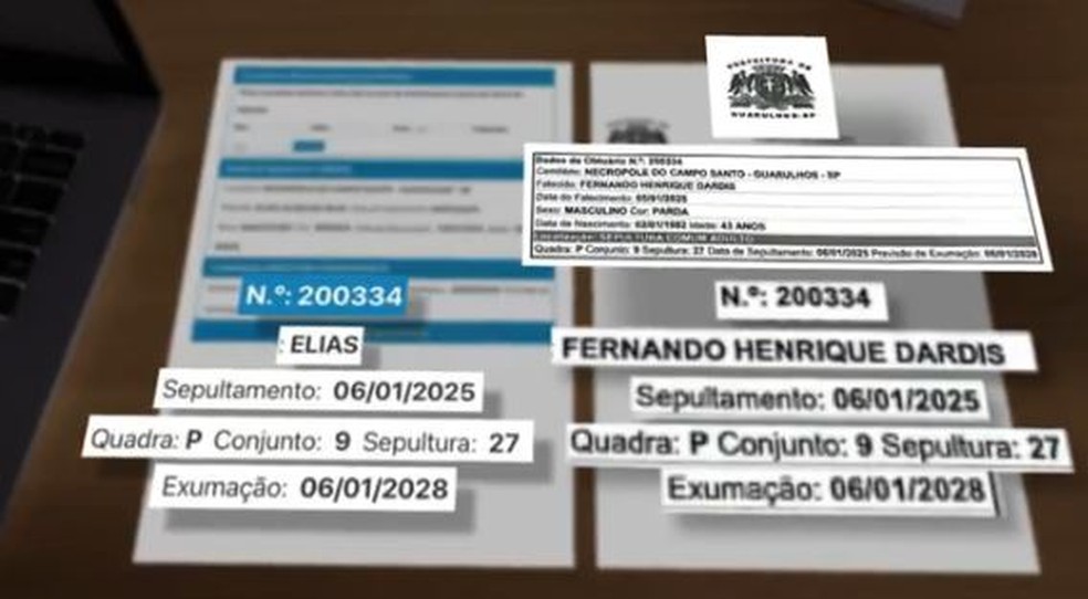 Site e documento da prefeitura informam que houve troca de nomes de quem foi enterrado no cemitério de Guarulhos. Antes era Fernando Dardis, depois um idoso — Foto: Reprodução/Fantástico