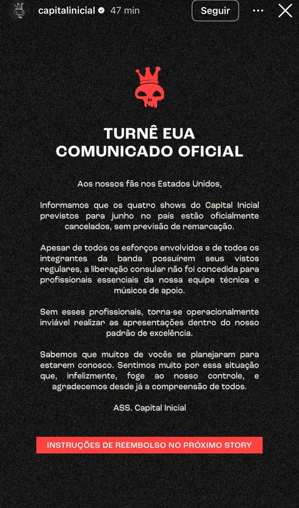 Capital Inicial cancela turnê nos EUA após negativa de liberação consular — Foto: Redes sociais