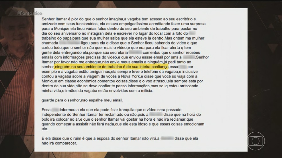 Suposta amiga, que se apresentada como Jéssica Ferrer dizia que precisava falar verdades importantes para o empresário — Foto: Reprodução/TV Globo
