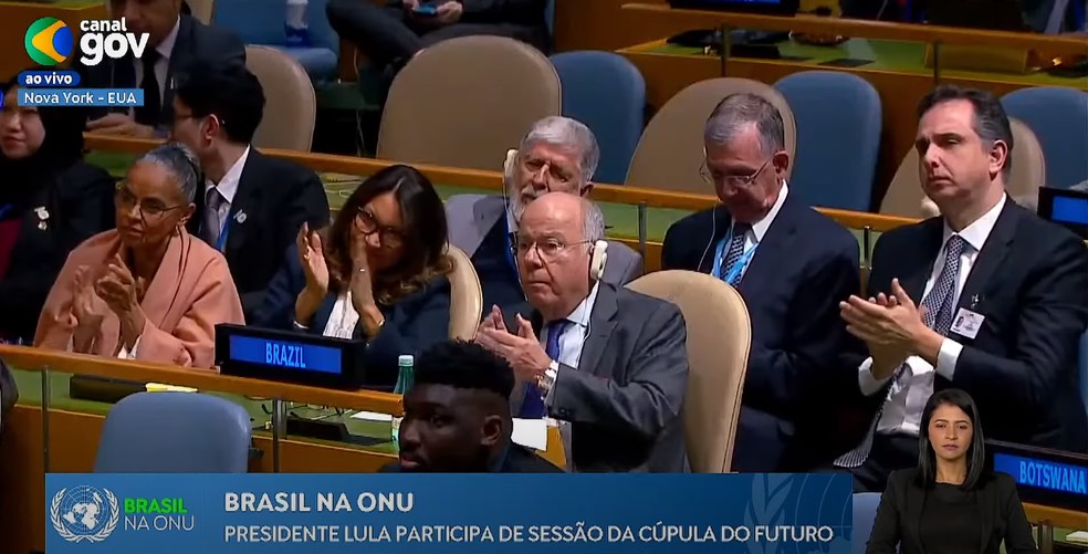 Comitiva brasileira acompanha discurso de Lula na Cúpula do Futuro da ONU, em Nova York — Foto: PR/Reprodução