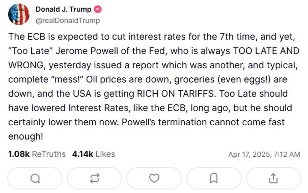 Trump fala sobre Jerome Powell, presidente do Federal Reserve, na plataforma Truth Social — Foto: Reprodução/Truth Social