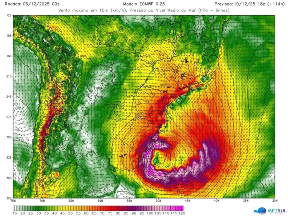 Ciclone extratropical atravessa o Rio Grande do Sul nesta terça-feira (9) e vai provocar tempestades e vendavais. — Foto: MetSul