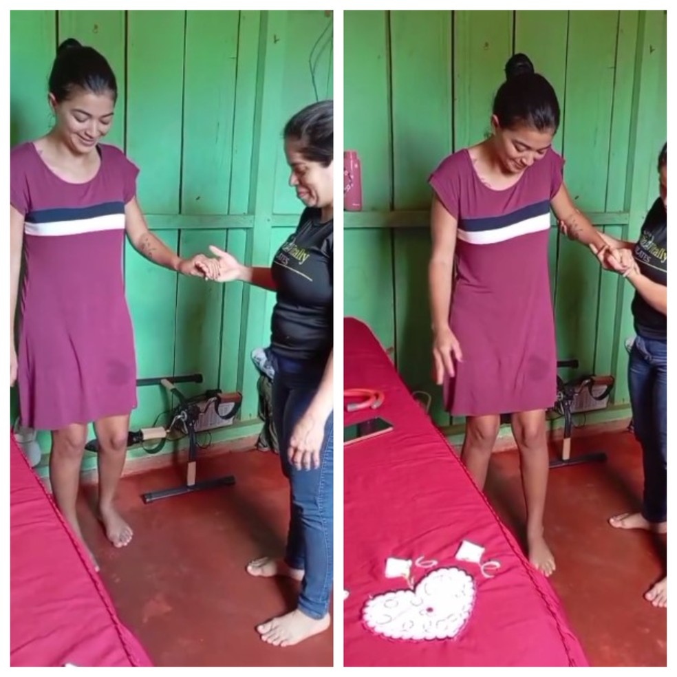 Bruna Martins dá os primeiros passos após acidente que matou seus filhos em RO — Foto: Reprodução/Redes Sociais