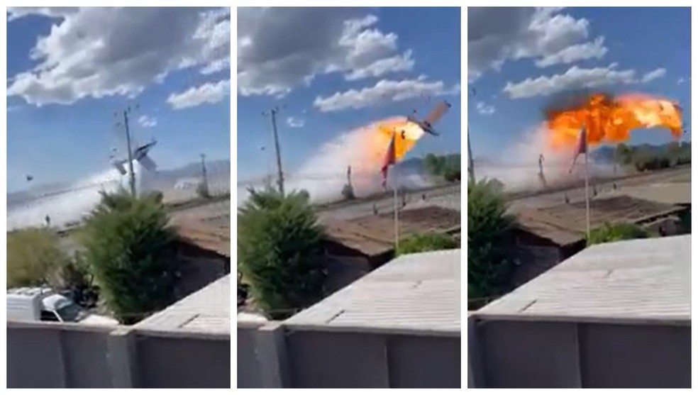 Montagem mostra momento em que avião pegou fogo e caiu após bater em poste no Chile — Foto: Reprodução/Redes sociais