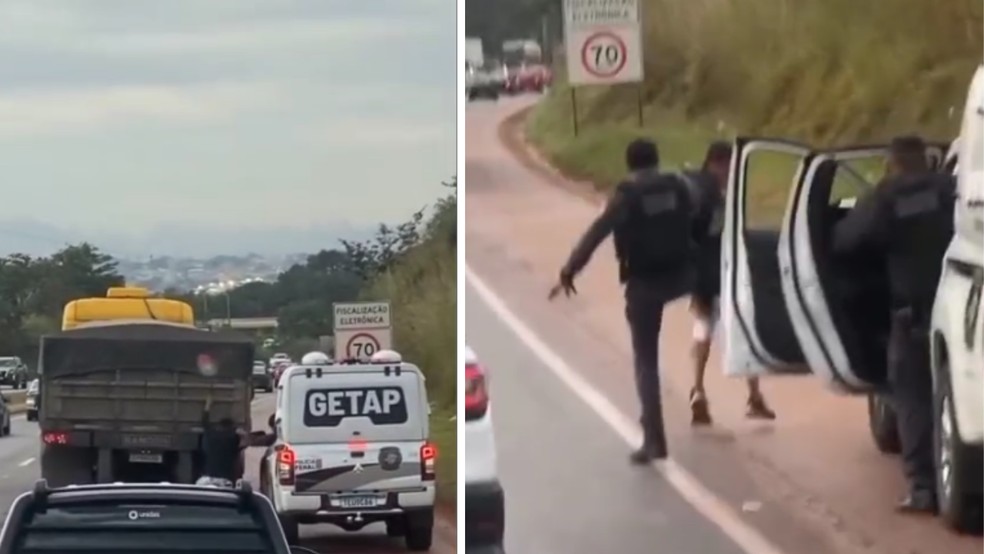 Homem pegando carona em caminhão na BR 040 — Foto: Reprodução/ TV Globo