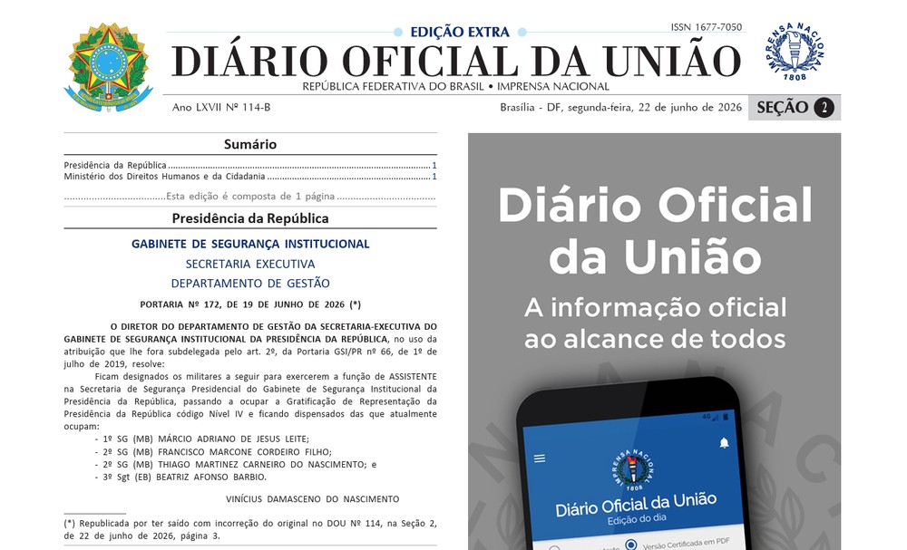 GSI republica portaria para corrigir designação de assistentes na Secretaria de Segurança Presidencial