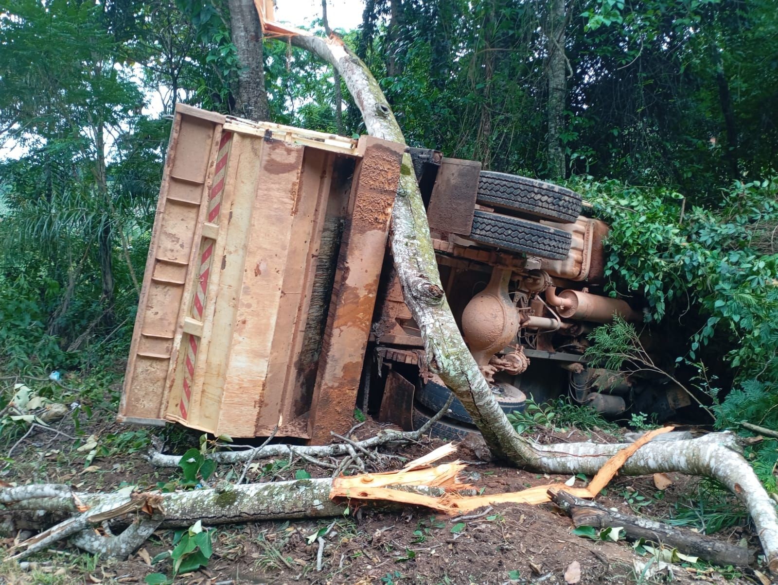 Caminhão de lixo da prefeitura de Manhumirim tomba na MG-108; três servidores ficam feridos