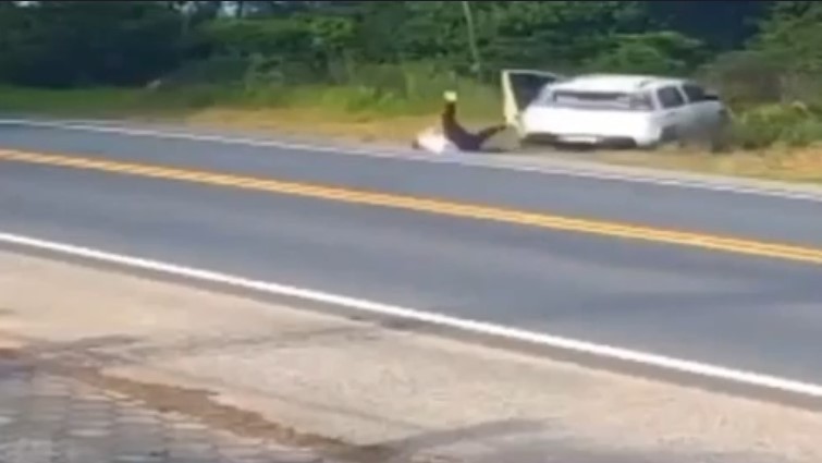 VÍDEO: Passageiro pula de carro em movimento, motorista cai para fora e carro desce a ribanceira