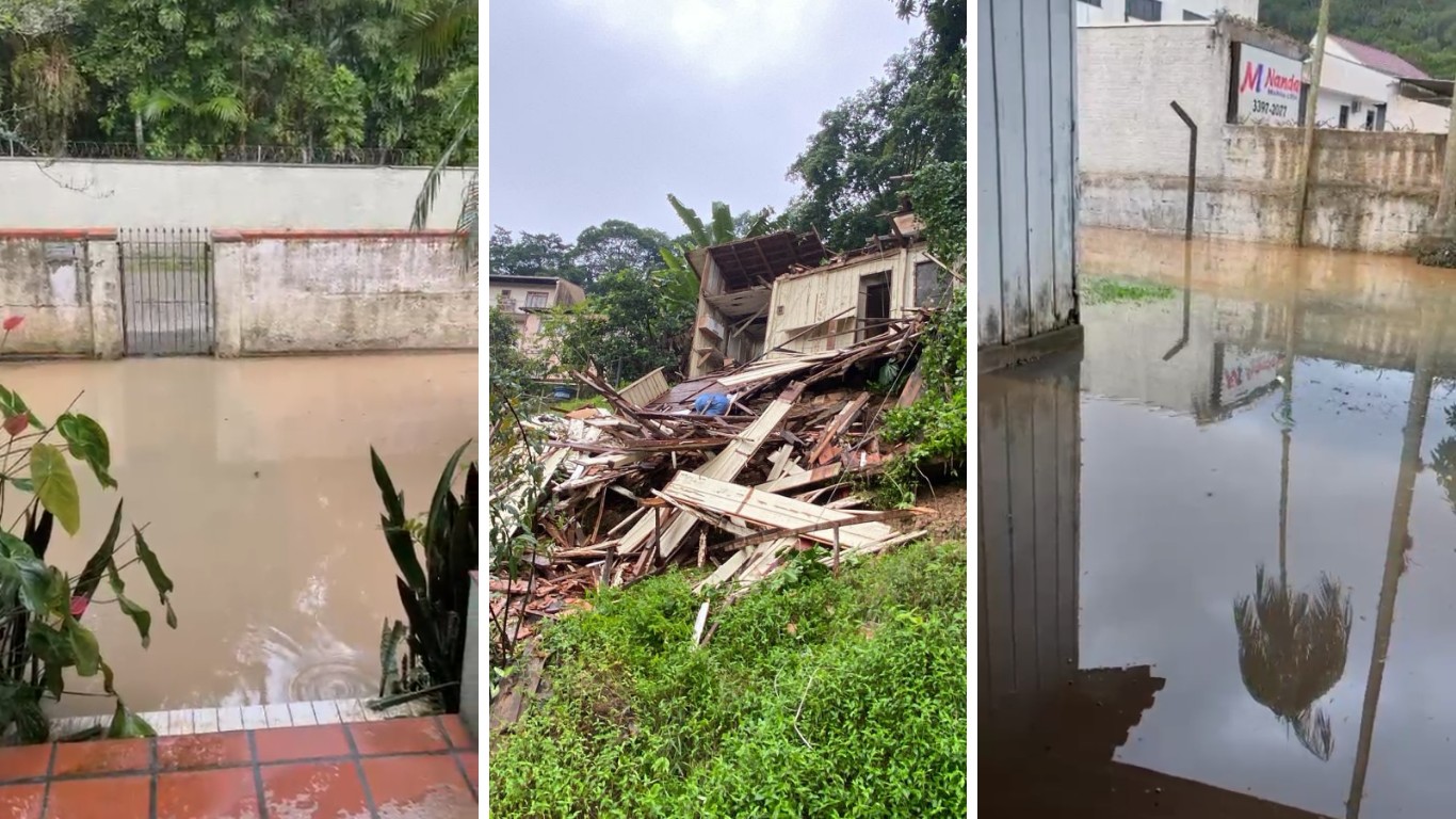 
VÍDEO: chuvas derrubam casa, alagam ruas e cachoeira transborda em SC 