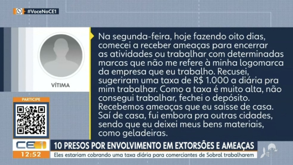 Vítima detalha como funcionava extorsão de facção criminosa em Sobral. — Foto: Reprodução/TV Verdes Mares