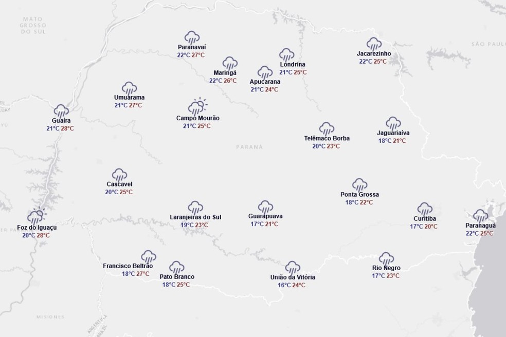 Previsão do tempo para sábado (13). — Foto: Reprodução/Simepar