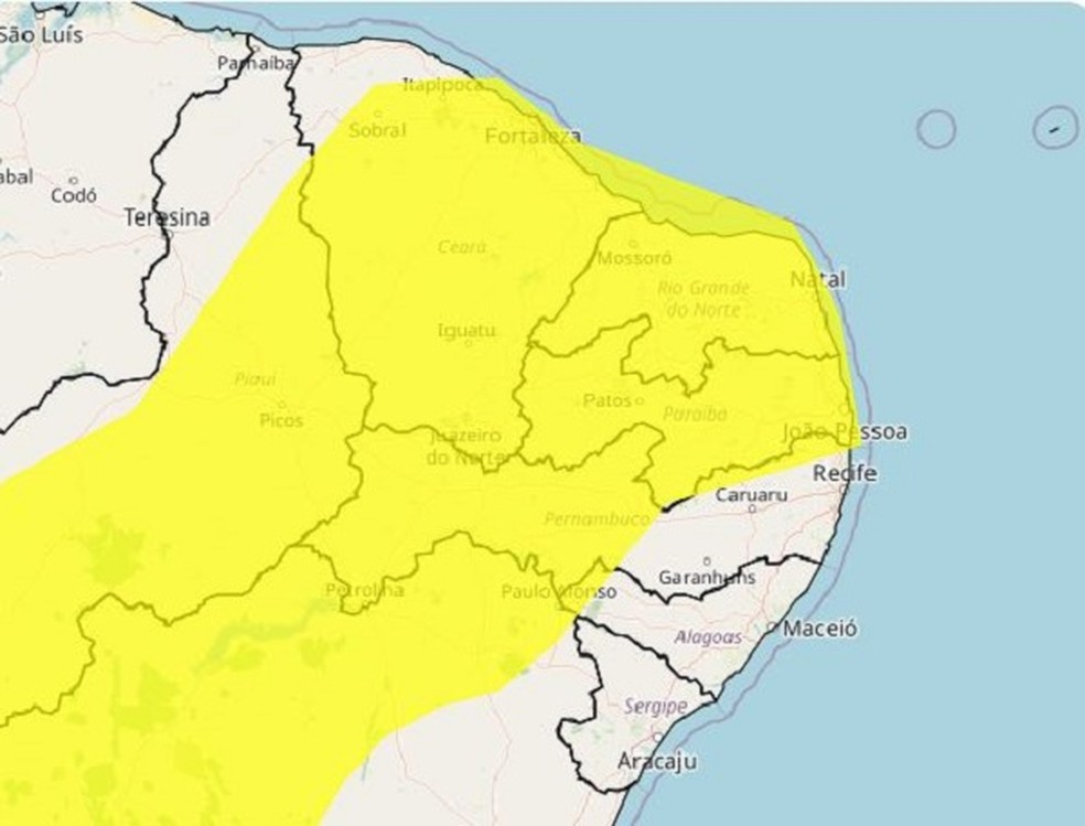 Alerta de ventos de até 60 quilômetros por hora no RN e parte do Nordeste — Foto: Divulgação/Inmet