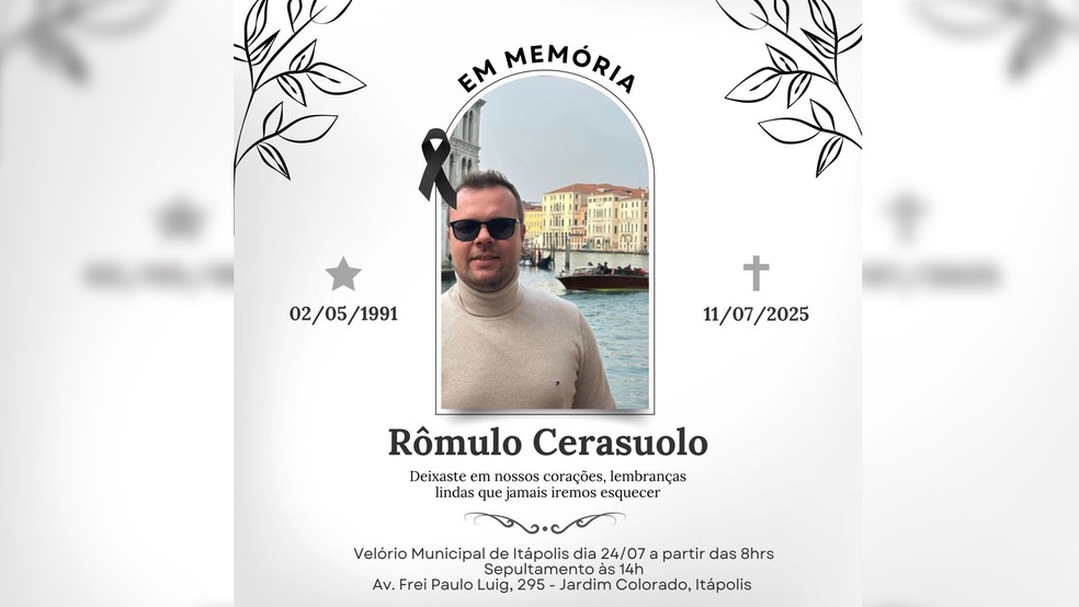Nas redes sociais, família comunica o velório e sepultamento de Rômulo Cerasuolo, em Itápolis: brasileiro morreu atropelado na Irlanda no dia 11 — Foto: Arquivo pessoal