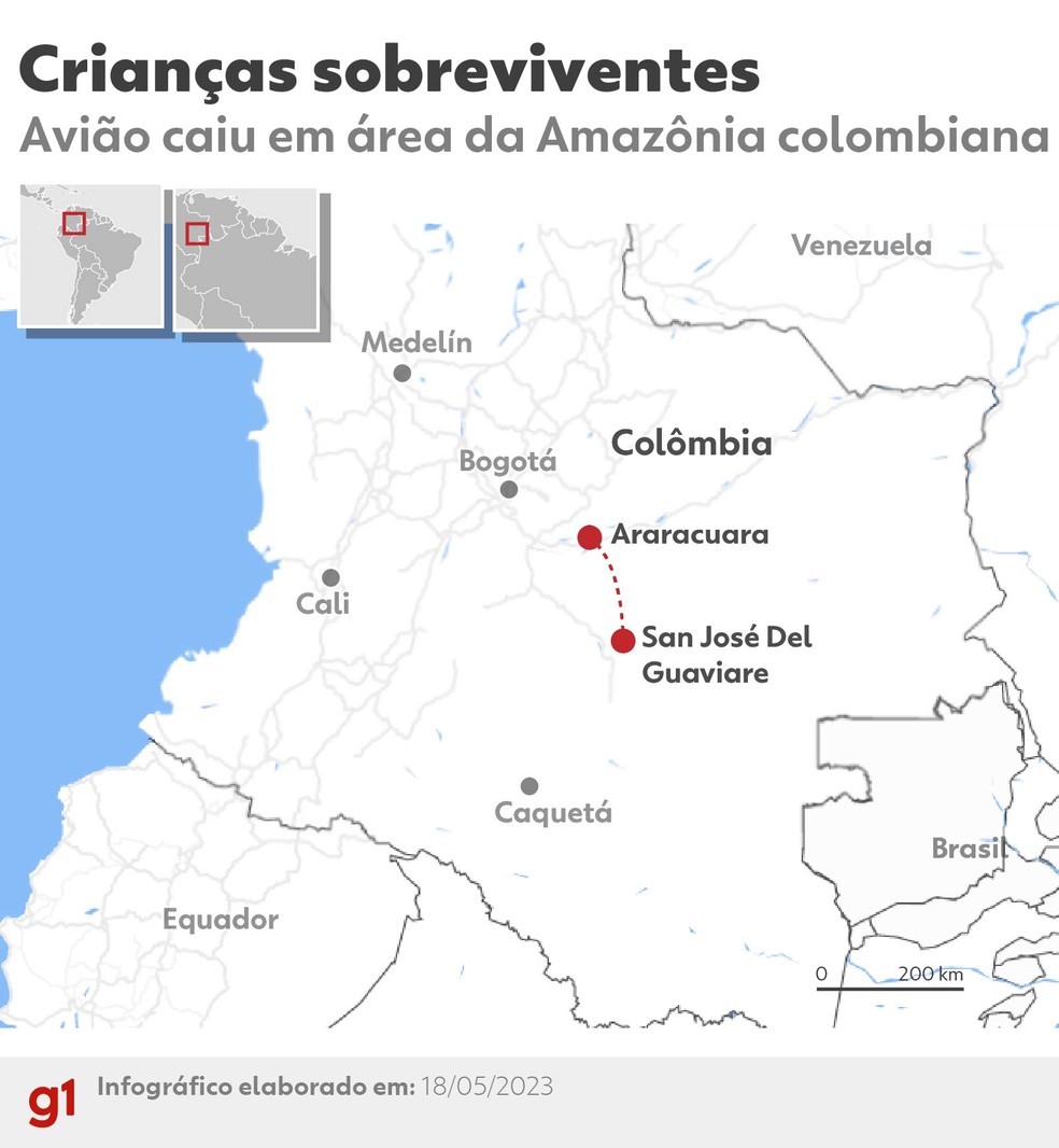 Infográfico mostra trajeto que avião faria entre as cidades de Araracuara e San José Del Guaviare — Foto: Arte/g1
