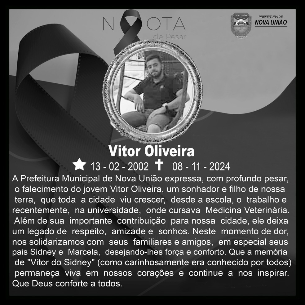 nota de pesar para Vitor Oliveira — Foto: Reprodução/Redes sociais
