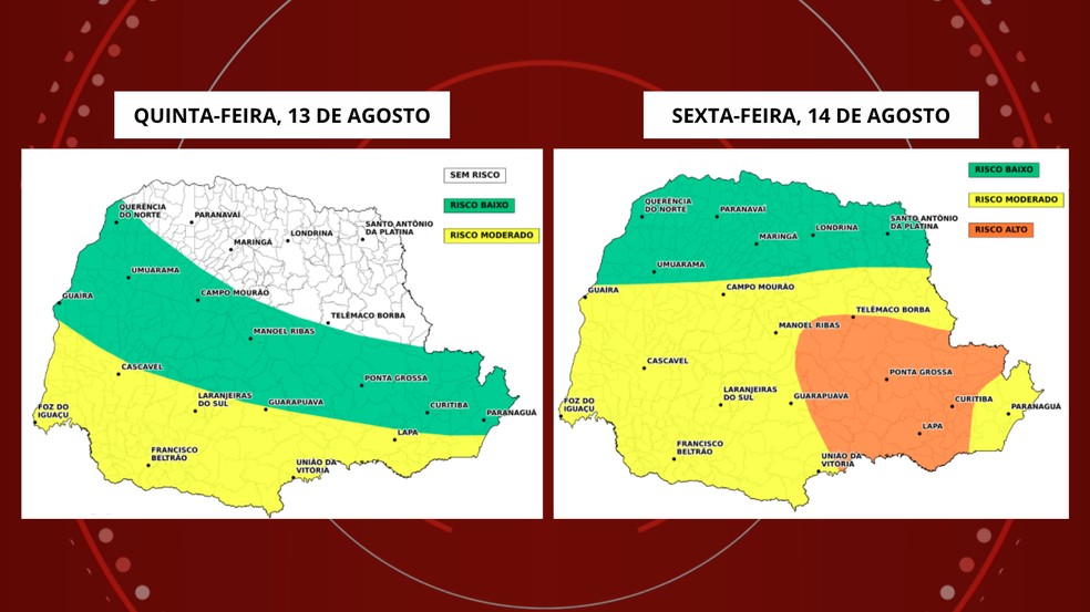 Simepar e Defesa Civil delimitam regiões com risco de tempestades — Foto: Simepar e Defesa Civil