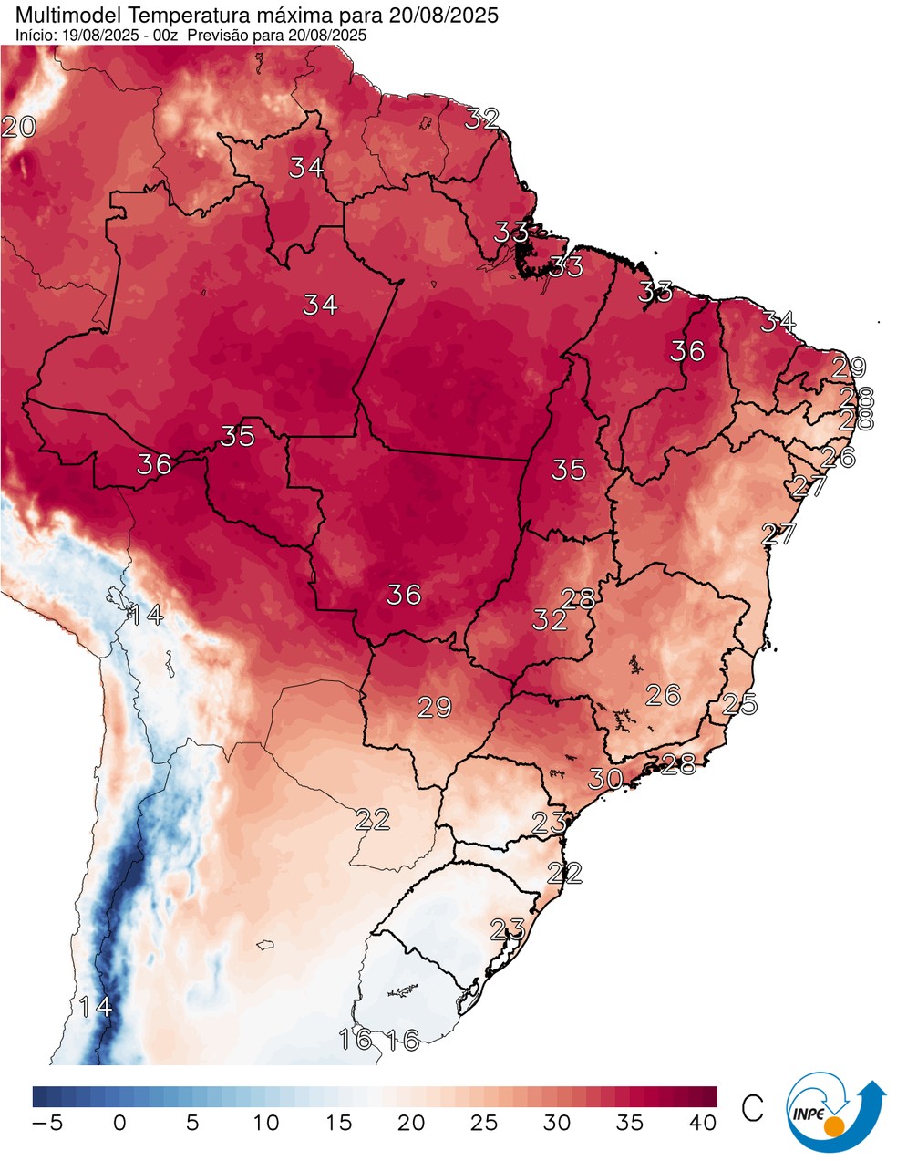 Mapa mostra previsão de temperatura máxima para esta quarta (20). — Foto: CPTEC/Inpe