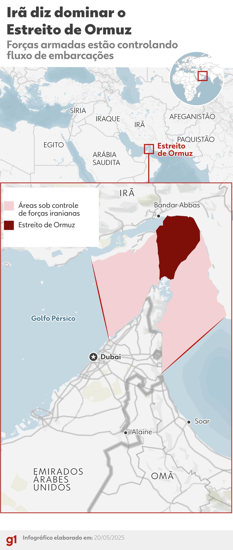 Mapa divulgado pelo Irã mostra controle em região do Estreito de Ormuz — Foto: Juan Silva/g1