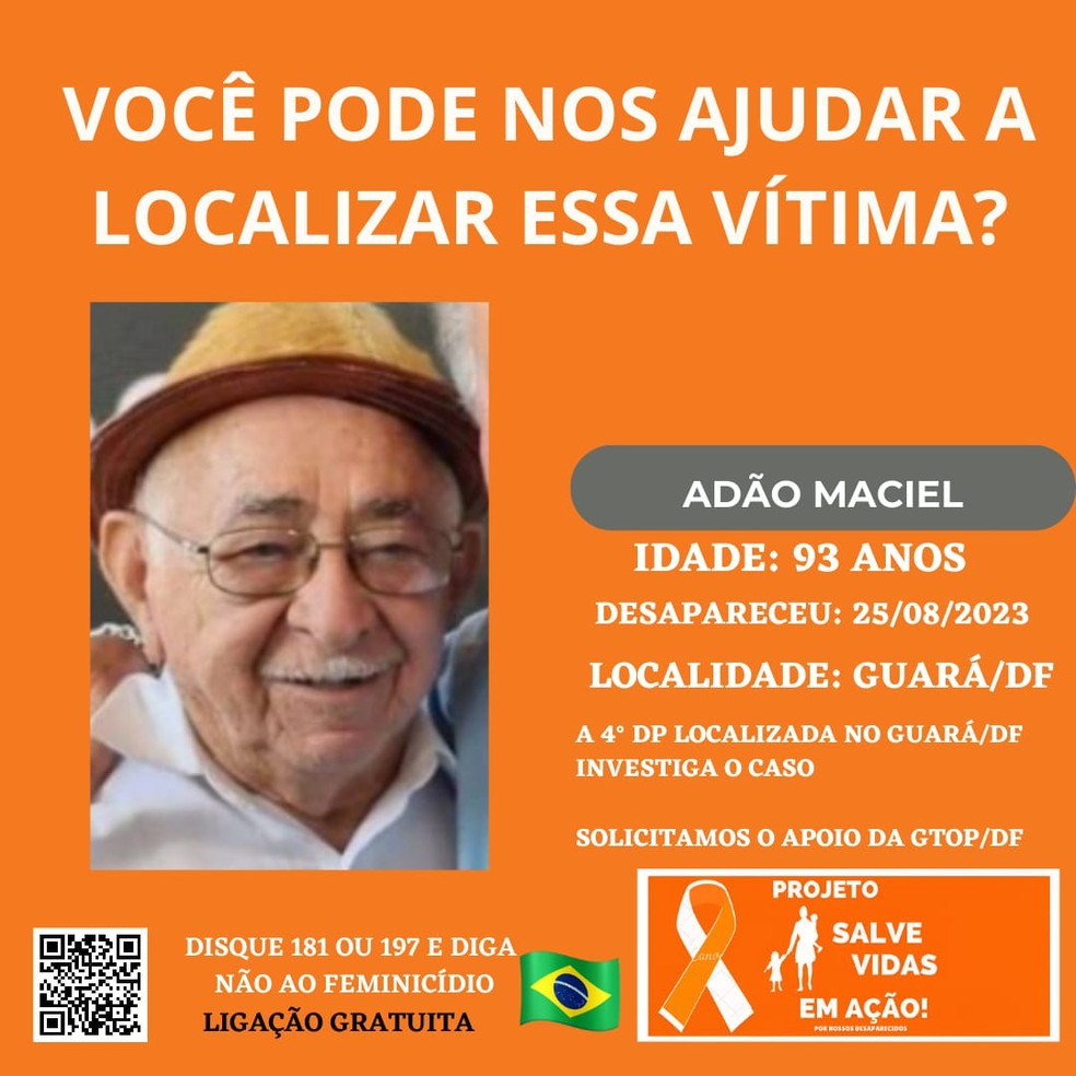 Anúncio de desaparecimento de idoso do Guará, no DF — Foto: Reprodução