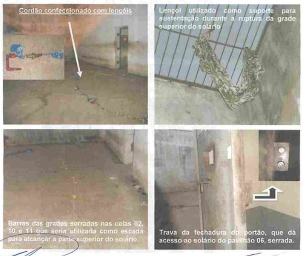 Grades foram cerradas por Deibson e Rogério para improvisar escada e fugir pelo teto do presídio de Rio Branco em 2013 — Foto: Reprodução/GloboNews