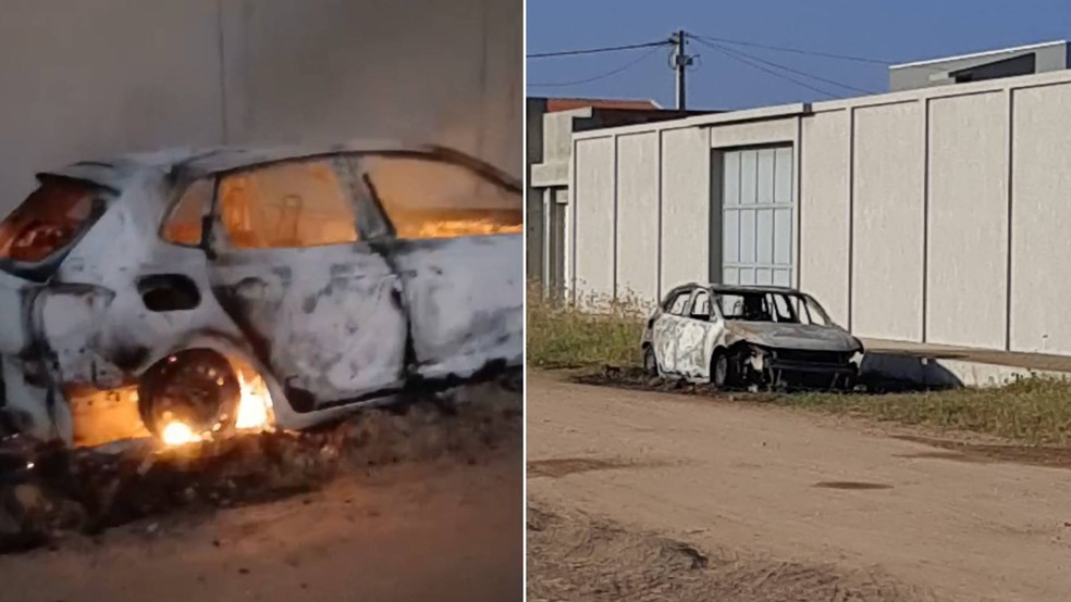Carro da vítima foi incendiado durante ação criminosa — Foto: Reprodução
