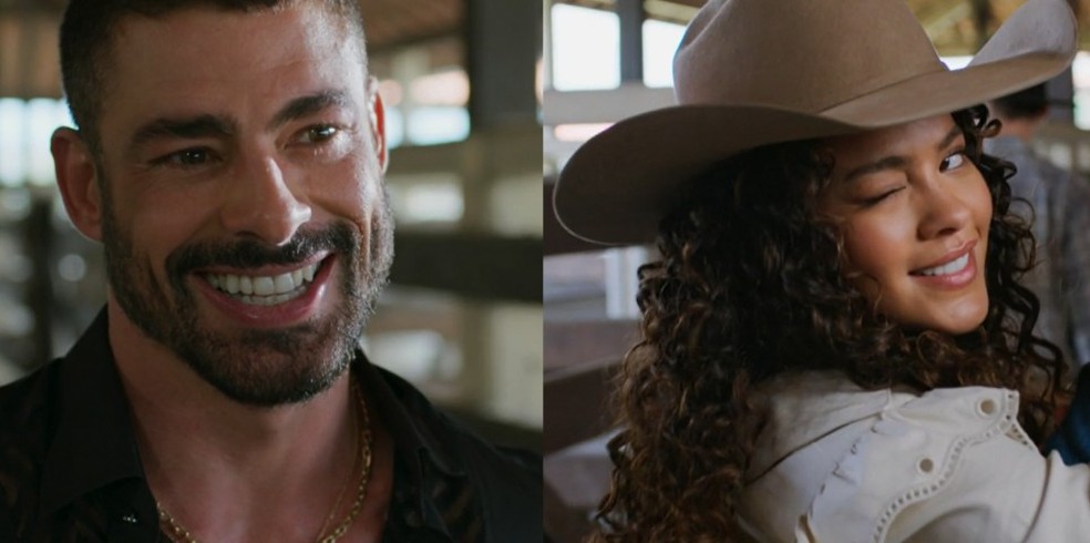 César (Cauã Reymond) e Fátima (Bella Campos) no fim de 'Vale Tudo' — Foto: Reprodução/TV Globo