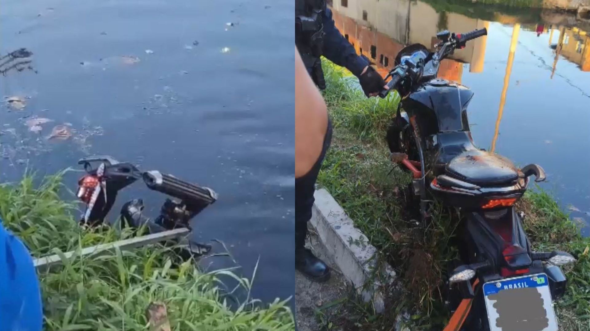 Dupla se joga com moto em valão para fugir de perseguição da Guarda Municipal em Vila Velha
