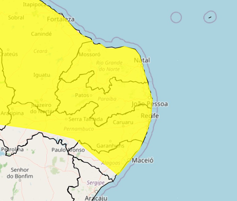 Inmet renova alerta amarelo de chuvas intensas para todas as cidades da Paraíba 