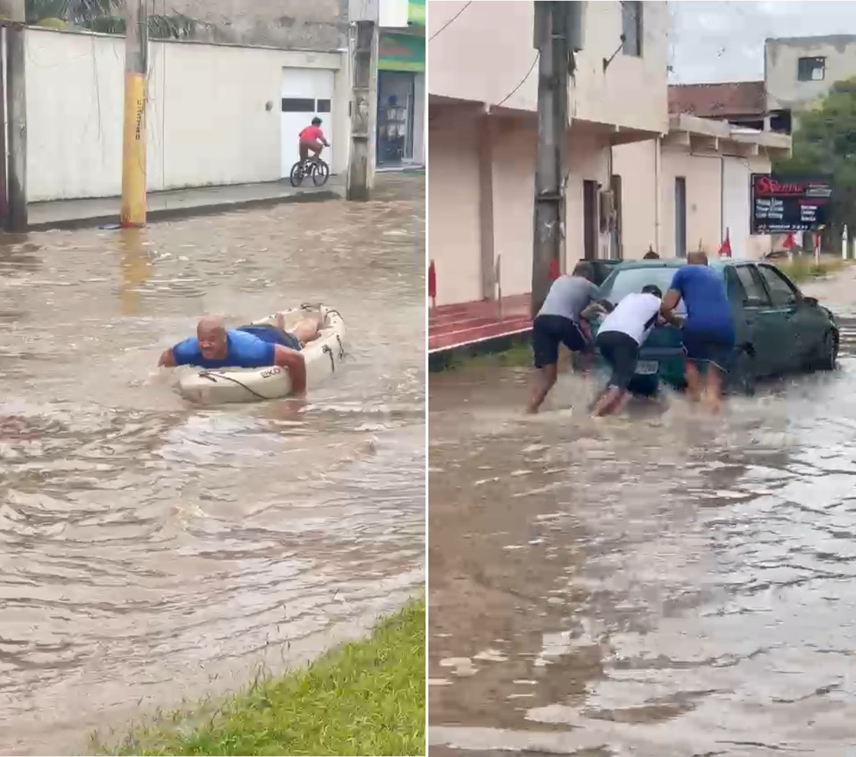 Morador usa canoa em protesto por rua alagada pela chuva em Cabo Frio