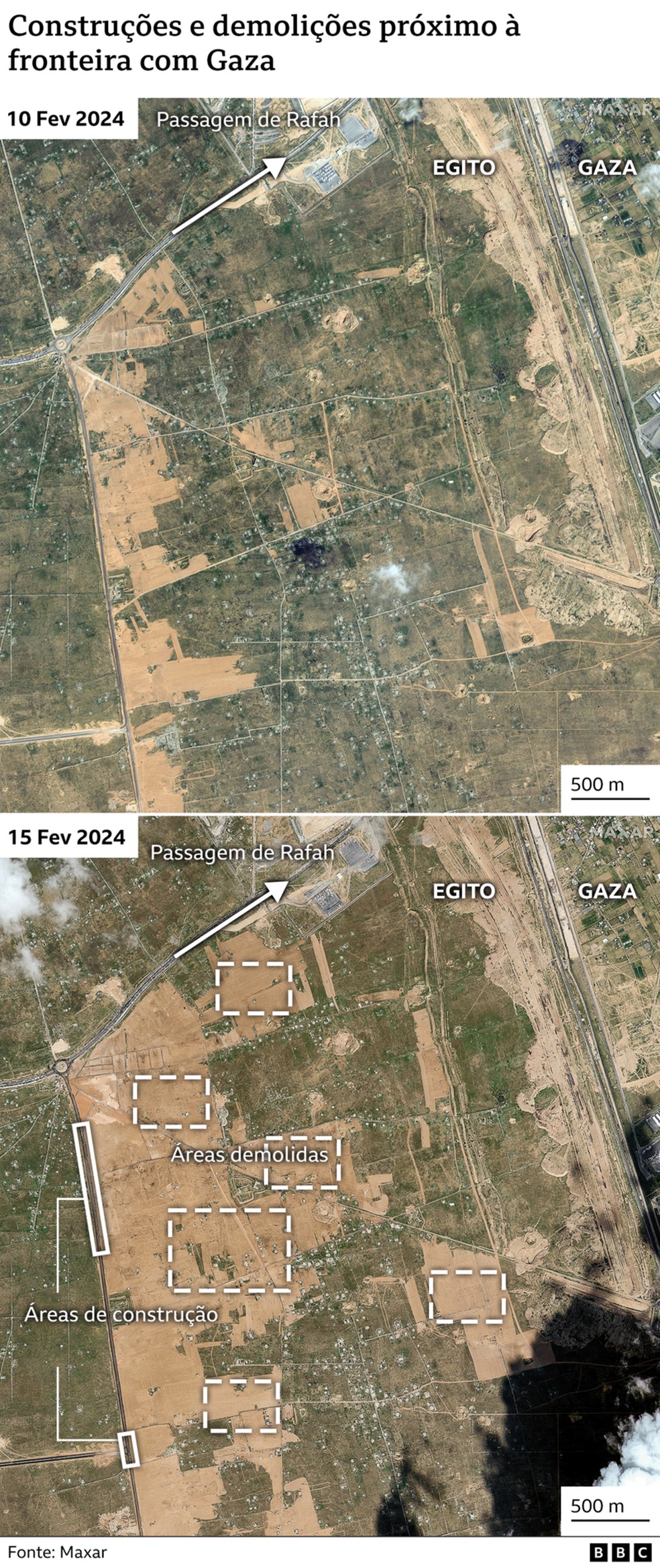 Construções e demolições proximas às fronteiras de Gaza — Foto: BBC/MAXAR