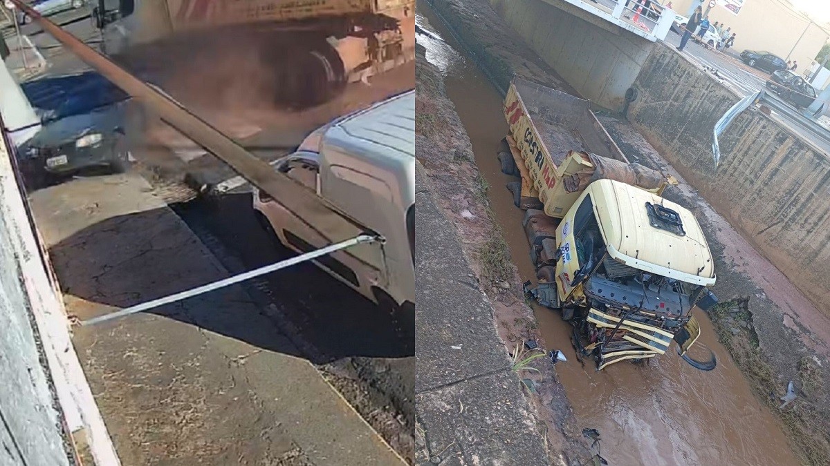 VÍDEO: caminhão desgovernado atinge carros e moto e cai em córrego no interior de SP