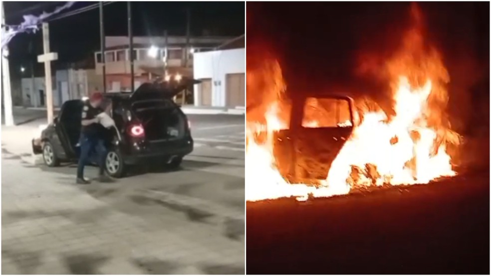 Criminoso incendeia carro após colidir veículo em Caririaçu, no interior do Ceará — Foto: Reprodução