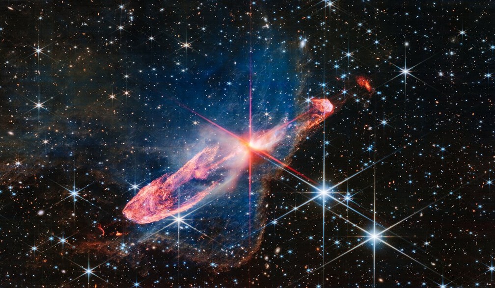 Estrelas Herbig-Haro 46/47, pelo telescópio James Webb. — Foto: NASA, ESA, CSA, J. DePasquale (STScI)