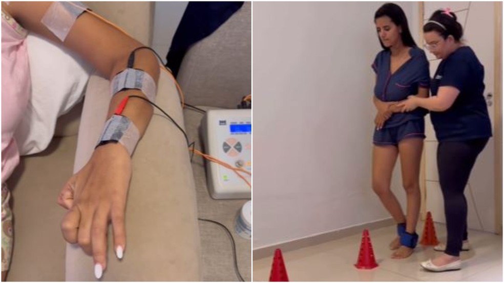 Laísa está fazendo fisioterapia para recuperar movimentos que ficaram comprometidos após o ataque com faca. — Foto: Reprodução