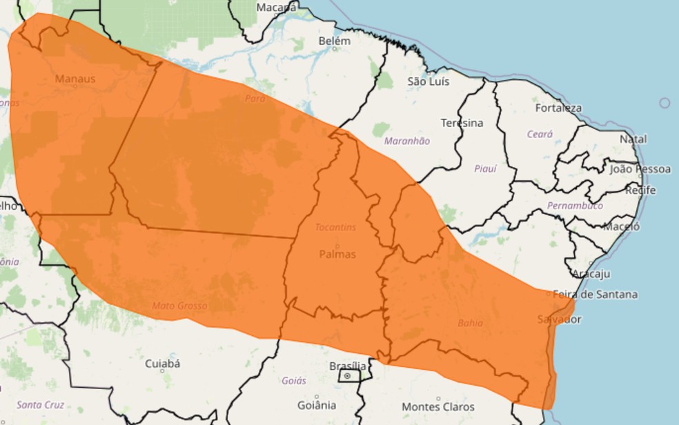 Região Leste de Goiás demarcada como zona laranja — Foto: Reprodução/Inmet