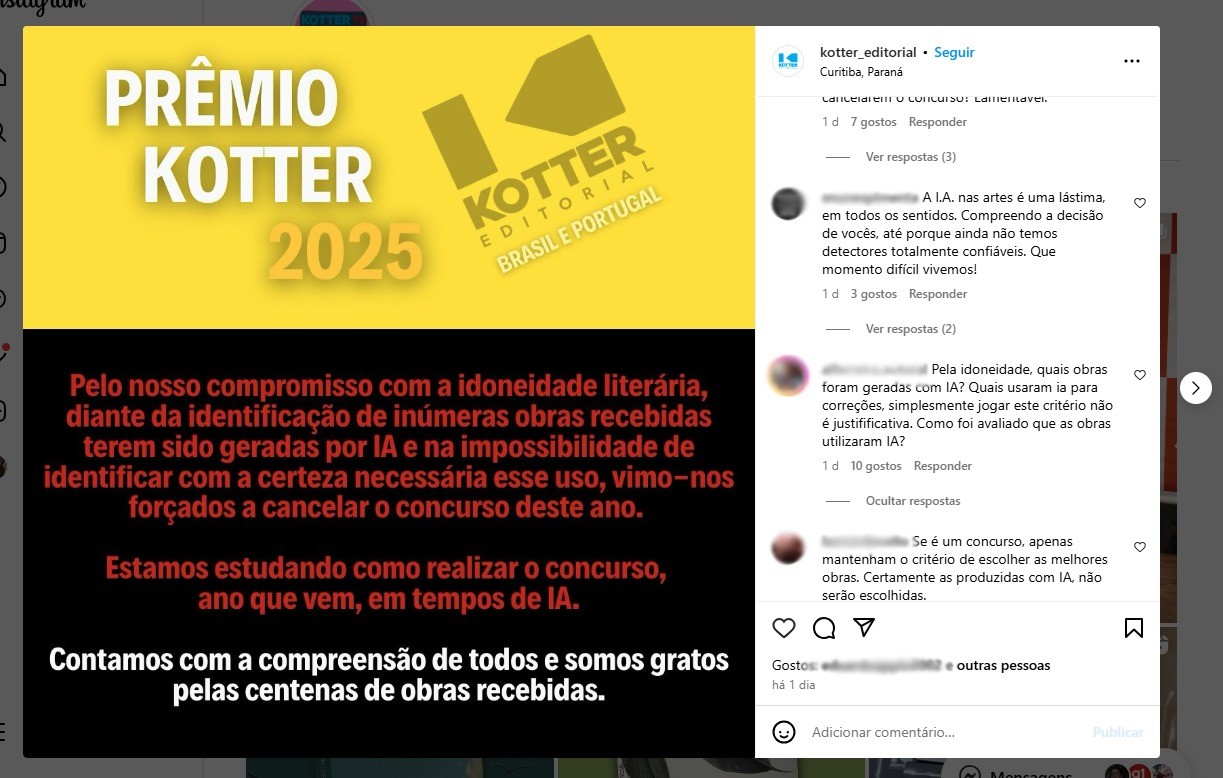 Editora de Curitiba cancela prêmio literário por obras feitas por IA