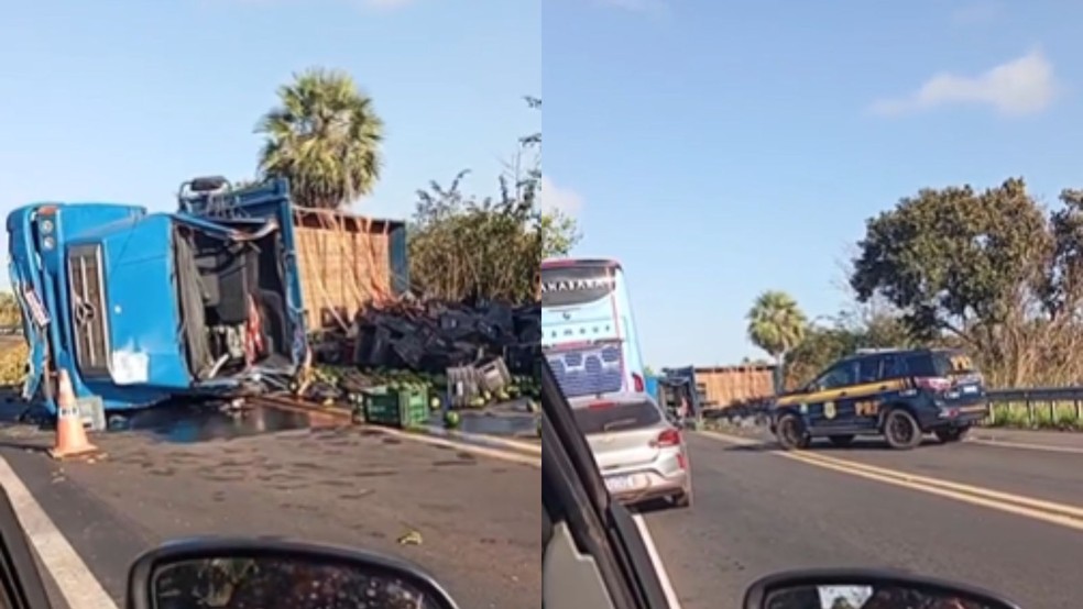 BR-343 interditada: caminhão carregado de abacates tomba e bloqueia trecho entre Altos e Campo Maior — Foto: Reprodução