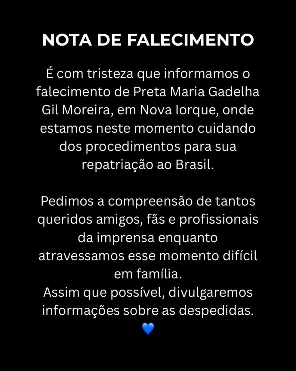 Nota de Gilberto Gil sobre morte de Preta — Foto: Reprodução/Redes Sociais
