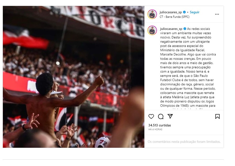 Presidente do São Paulo, Julio Casares, classificou postagem de assessora de Anielle como 'ultrajante' — Foto: Reprodução/Instagram