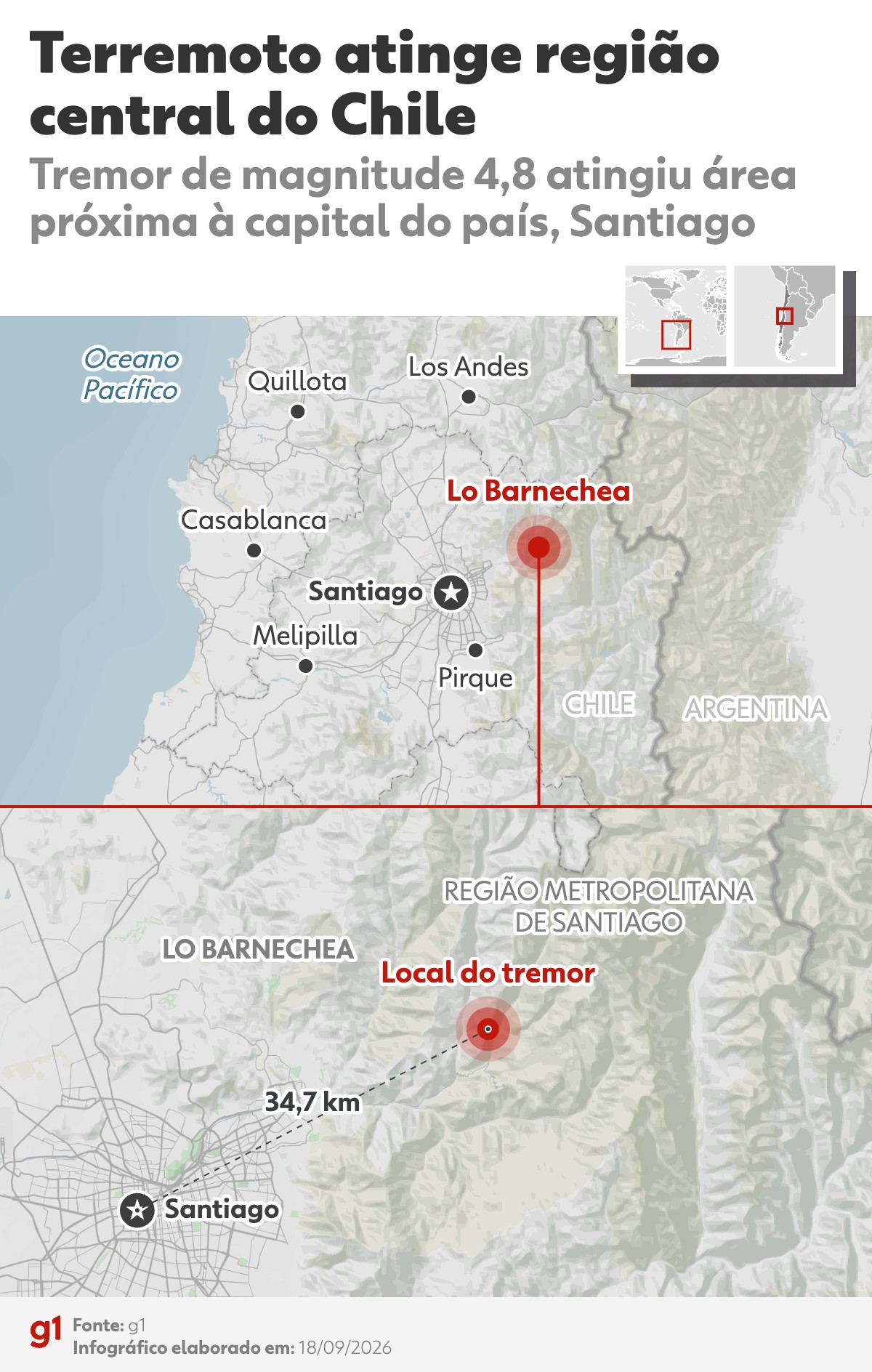 Terremoto de magnitude 4,8 atinge região metropolitana de Santiago, no Chile